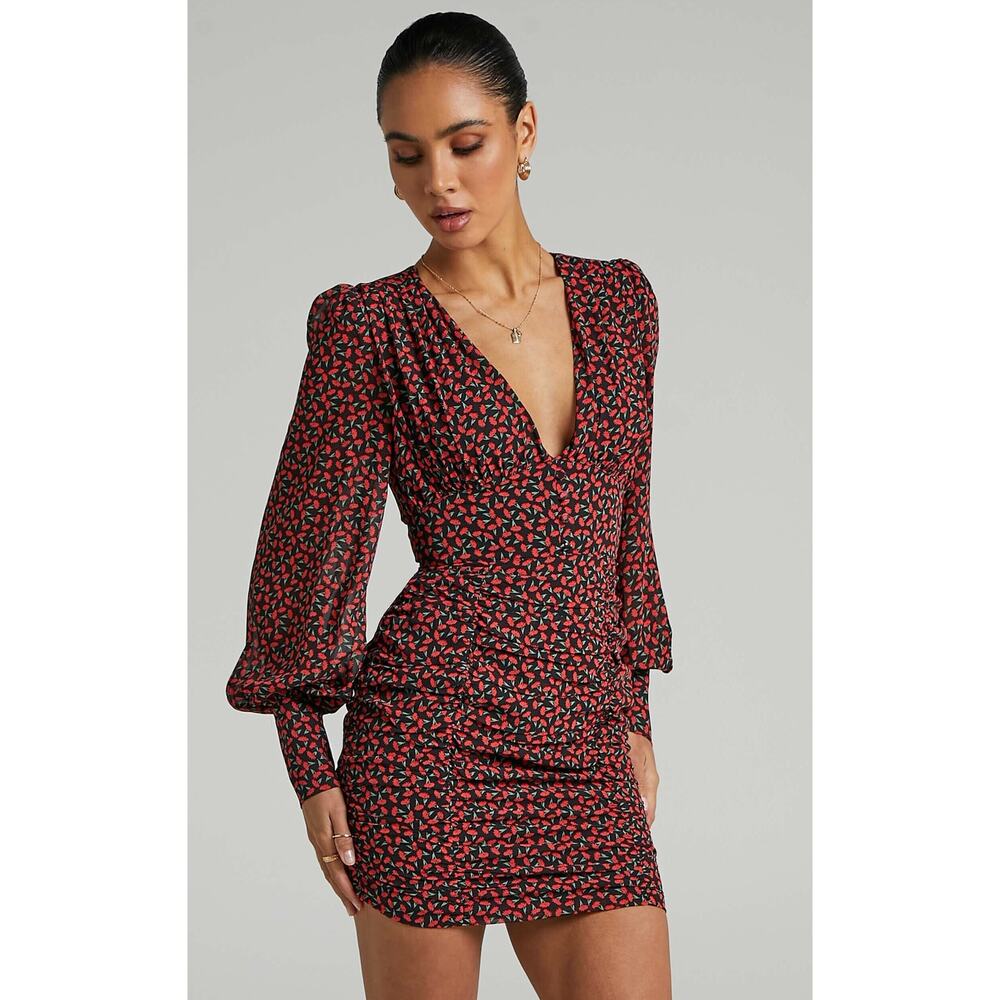 Seven Wonders Womens Dress‎ Long Sleeve Mini Red Floral Black Ruched Medium 6